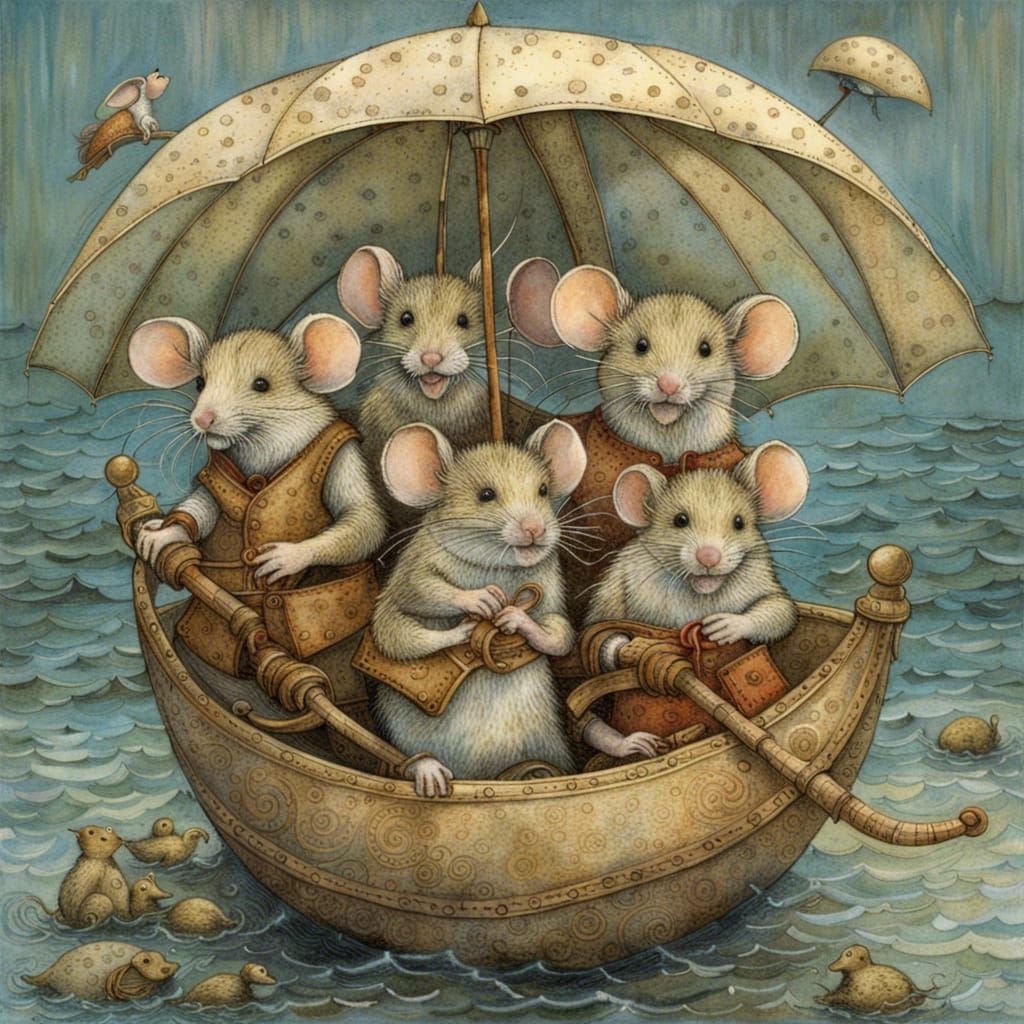 Mouse Family's Umbrella Boat Adventure