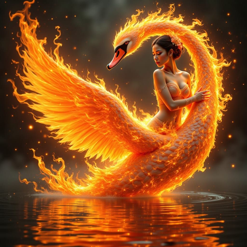 Fiery Warrior Maiden and Swan Over Lake