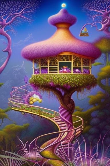 Whimsical Purple Treehouse, Surreal Digital Art