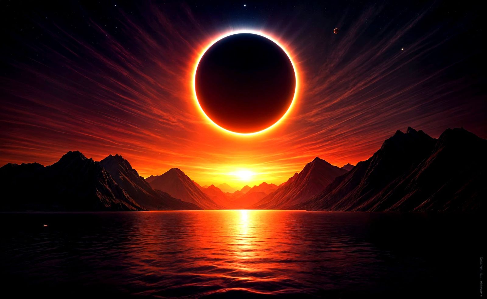 Sci-Fi Sunset Eclipse Over Mountain Lake