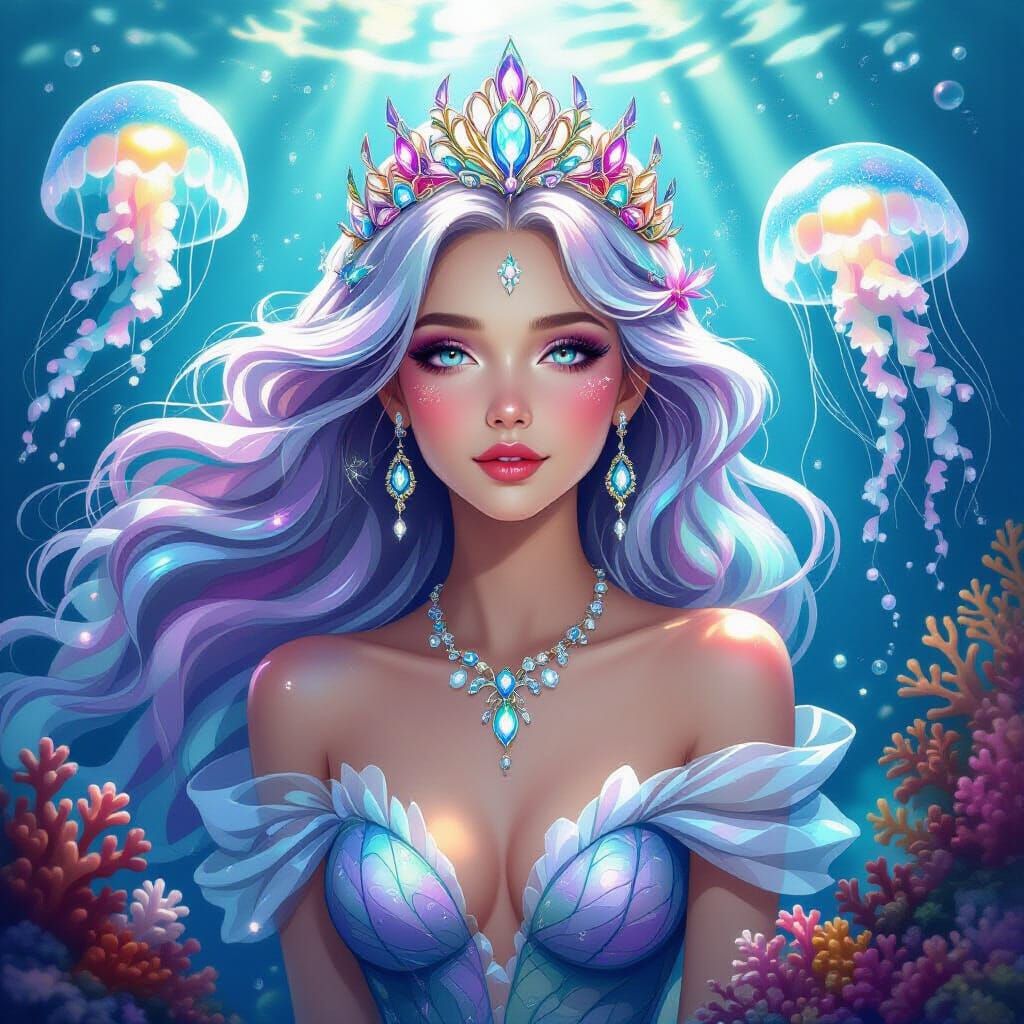 Mermaid Queen with Iridescent Hair in Ethereal Style