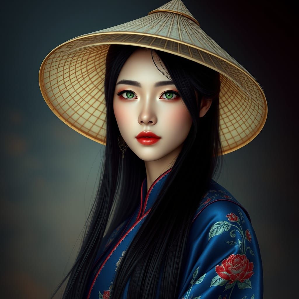 Ethereal Vietnamese Beauty in Traditional Conical Hat and Áo...
