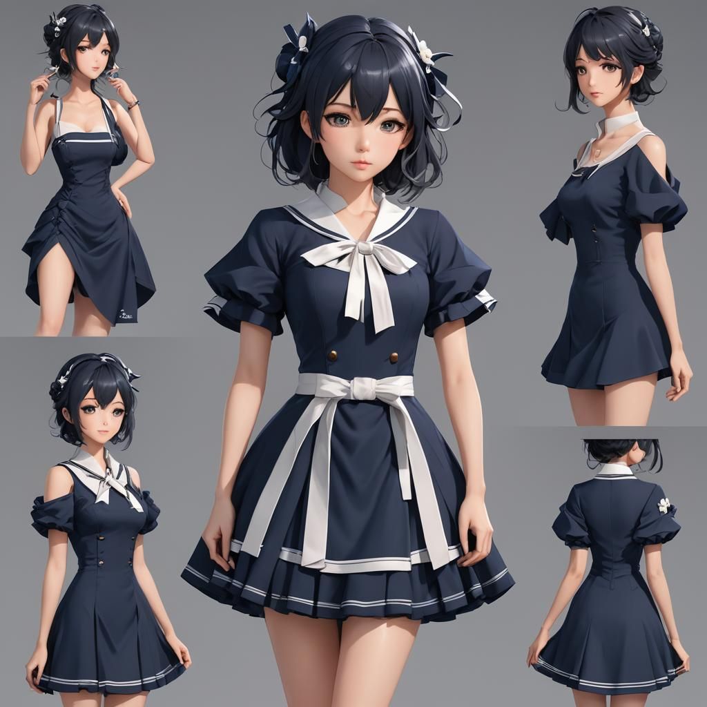Stunning Navy Dress in 3D Anime Art Style