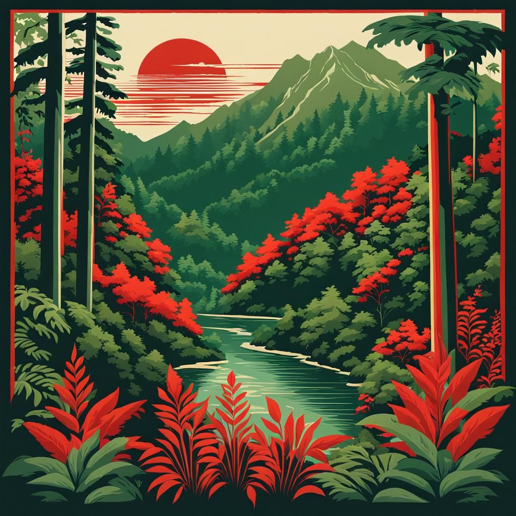 Retro Rainforest Poster Art in WPA Style