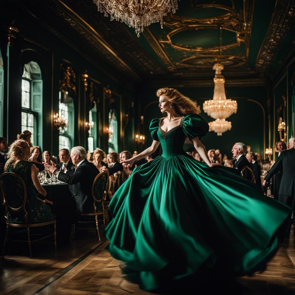Woman in Emerald Gown Dancing in Shady Surroundings