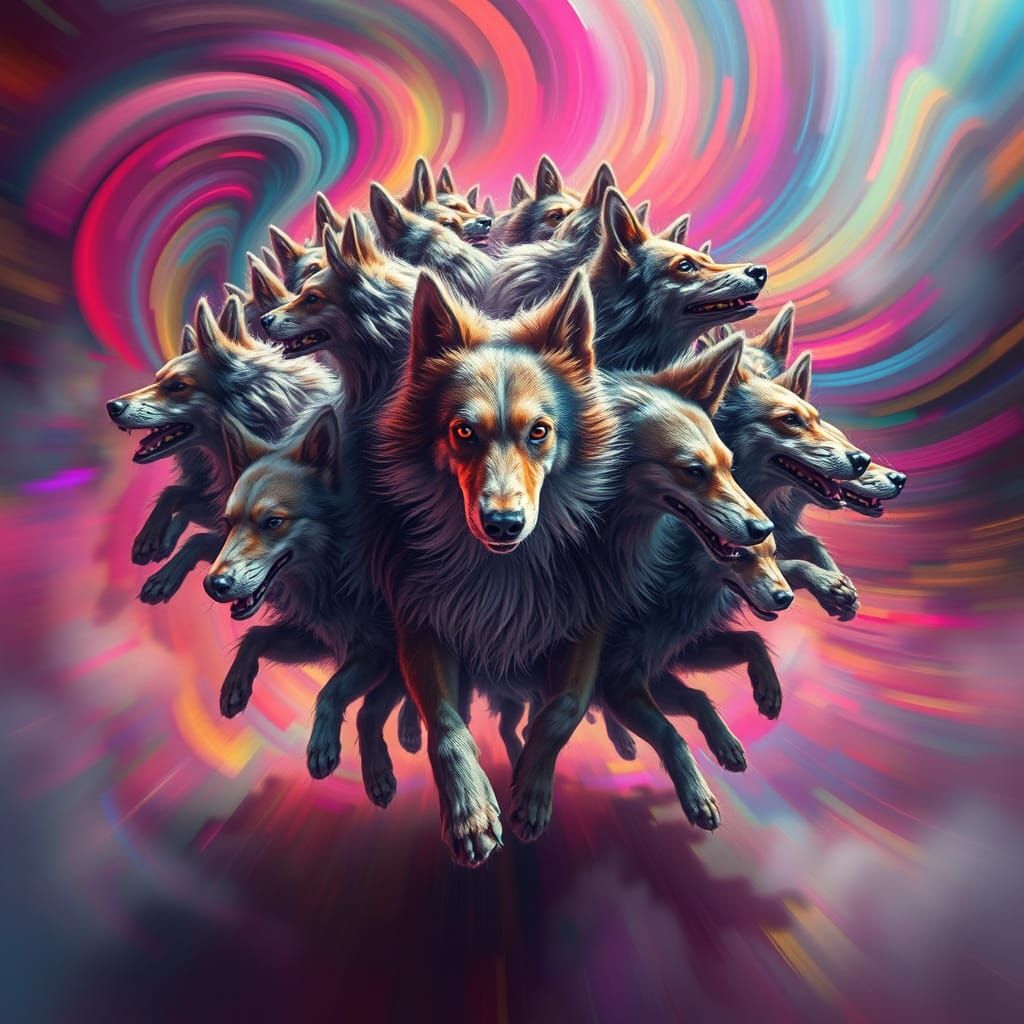 Surrealist Canine Entity Dances in Vibrant Vortex