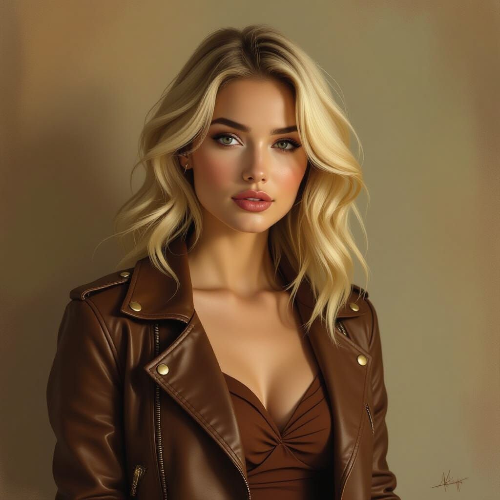 Stoic Woman in Leather Jacket, Painterly Digital Art