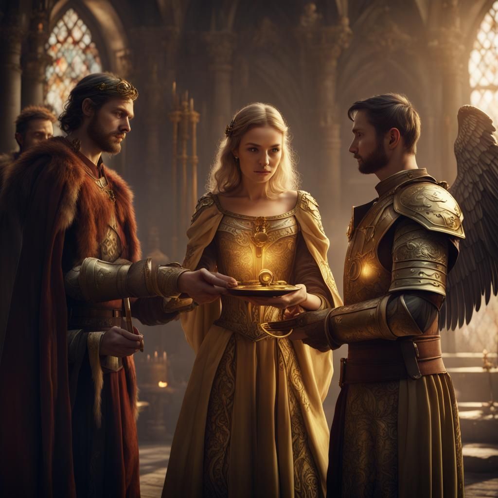 Medieval Woman Presents Golden Wings in Detailed Painting