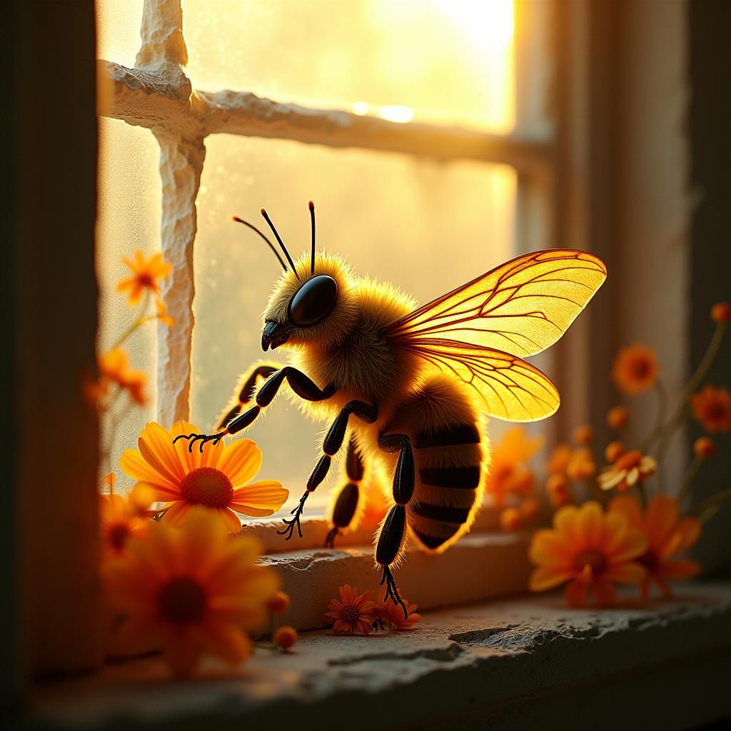 Honeybee in Backlit Window, Art Nouveau Style