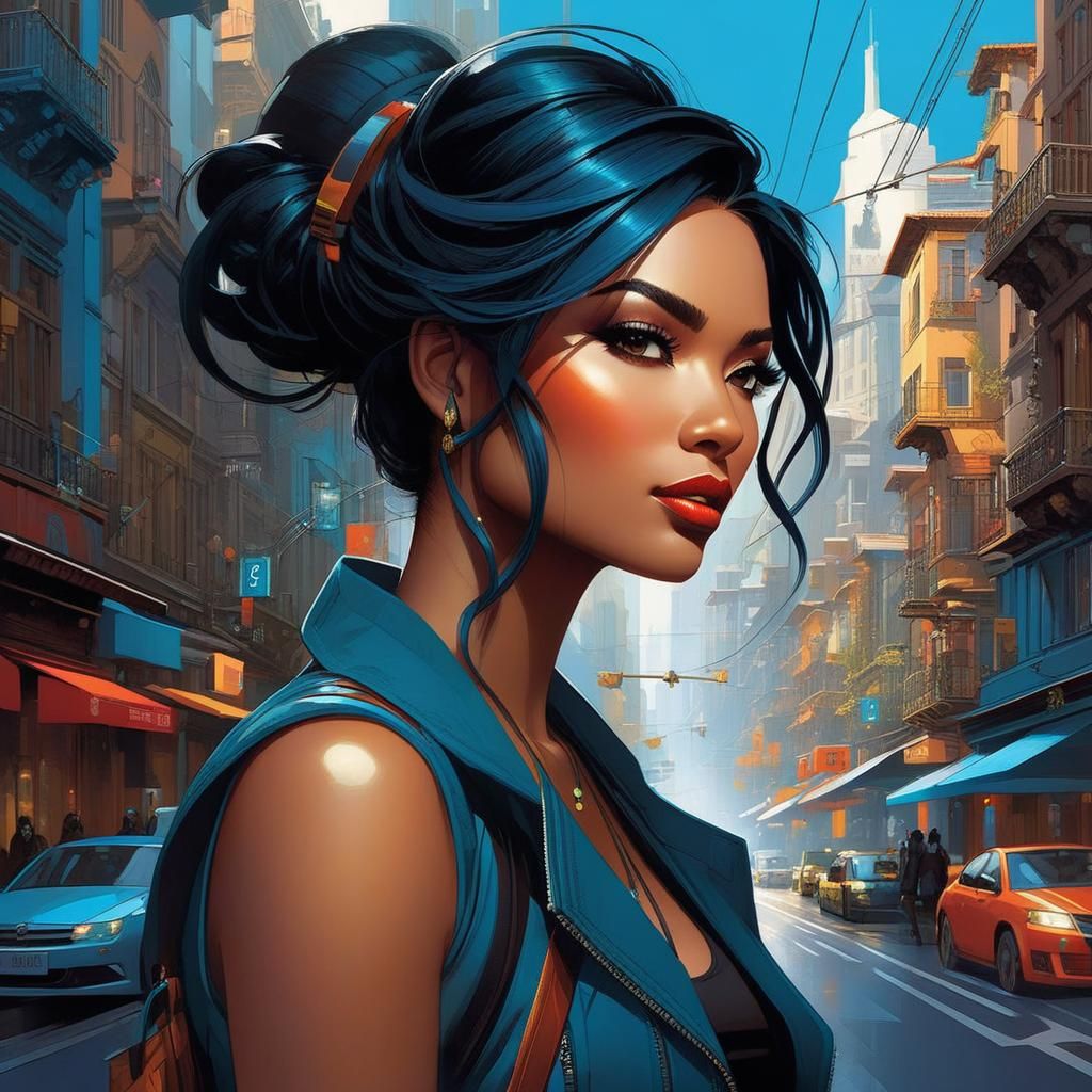 a highly detailed illustration of a beautiful young women in...