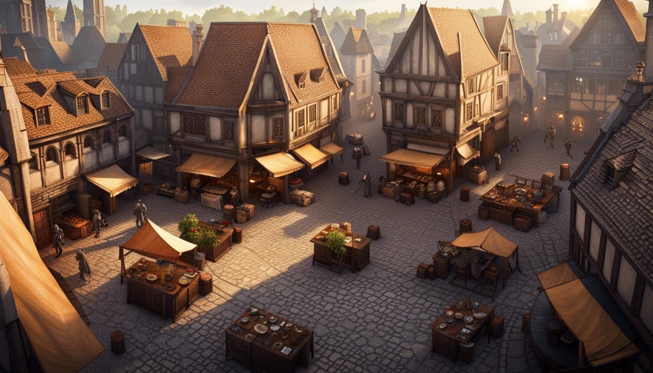 Medieval Market Square at Sunrise, Hyper-Realistic Digital A...