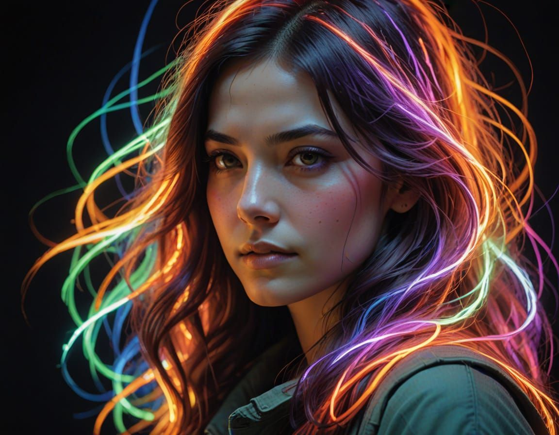 Woman Surrounded by Overlapping Colored Auroras