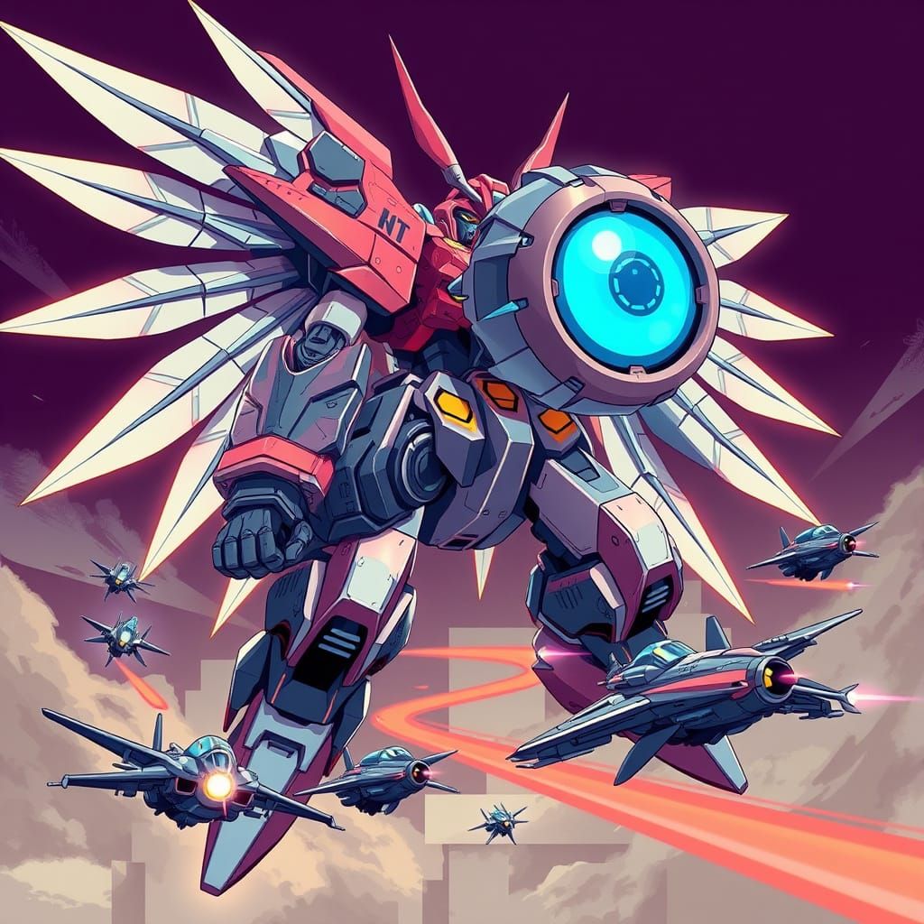 Giant Mecha Battles Jets in Cel-Shaded Manga Style