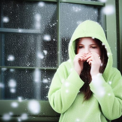 Girl in Hoodie Drinking Cocoa in Snow