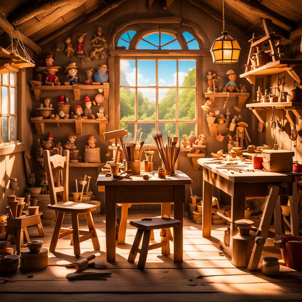 Geppetto's Puppet Workshop in Disney Cartoon Style