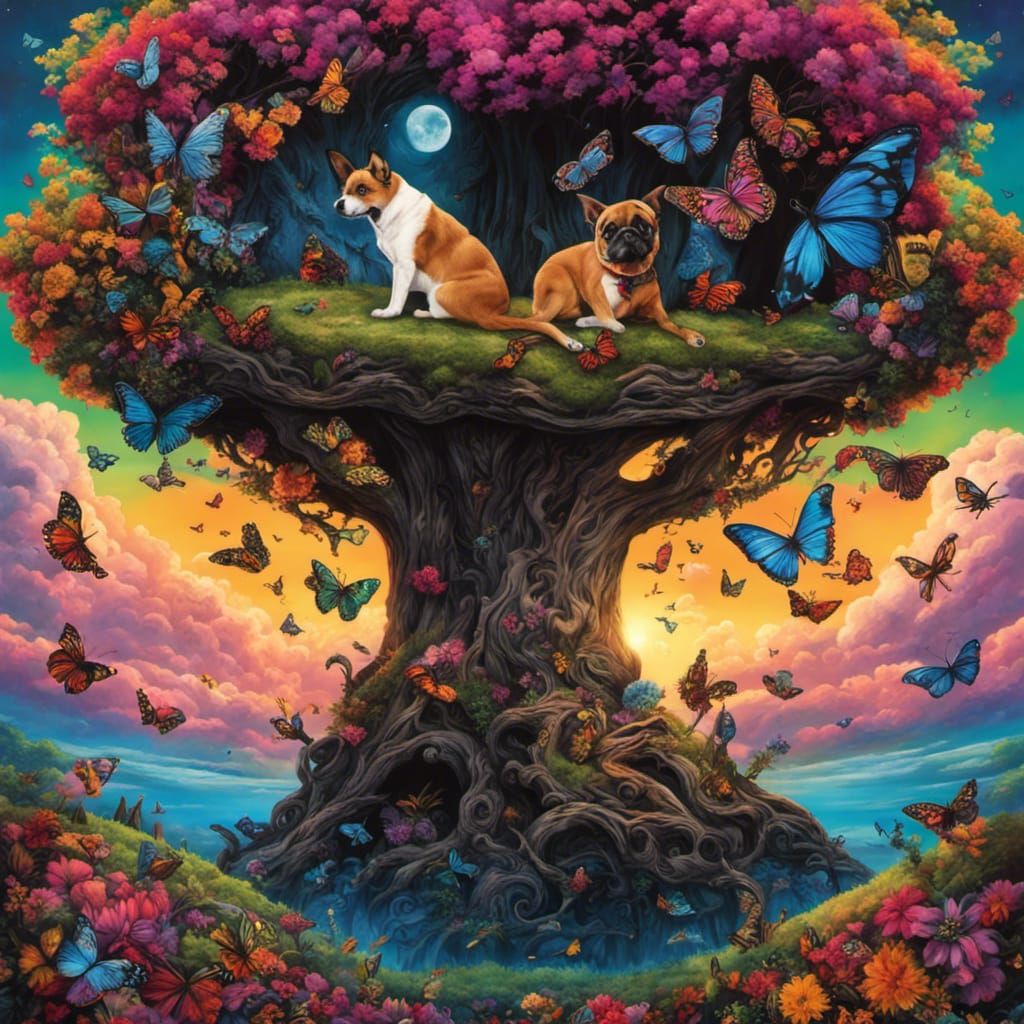 Gothic Dog Tree Stump with Colorful Butterflies