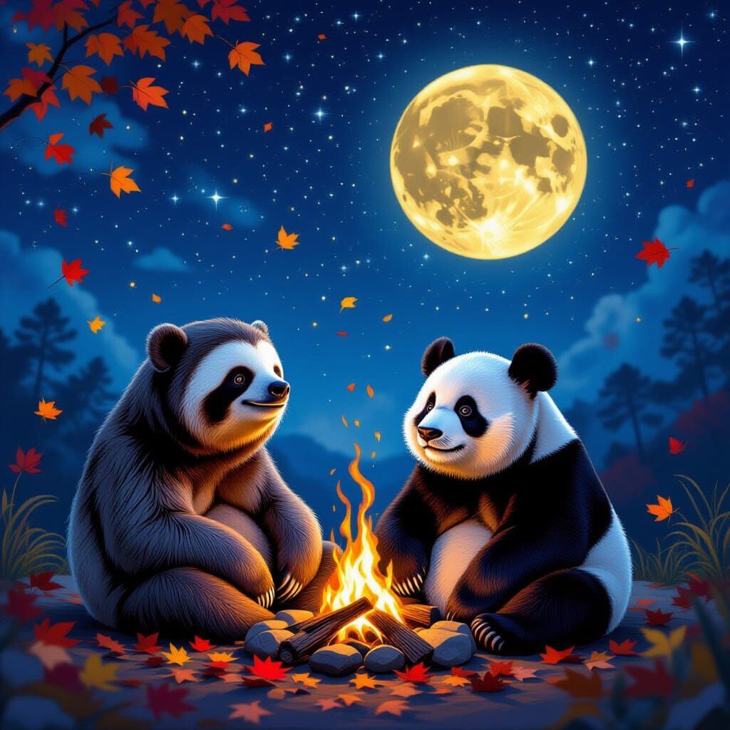 Sloth and Panda Stargazing in Mystical Astral Scene