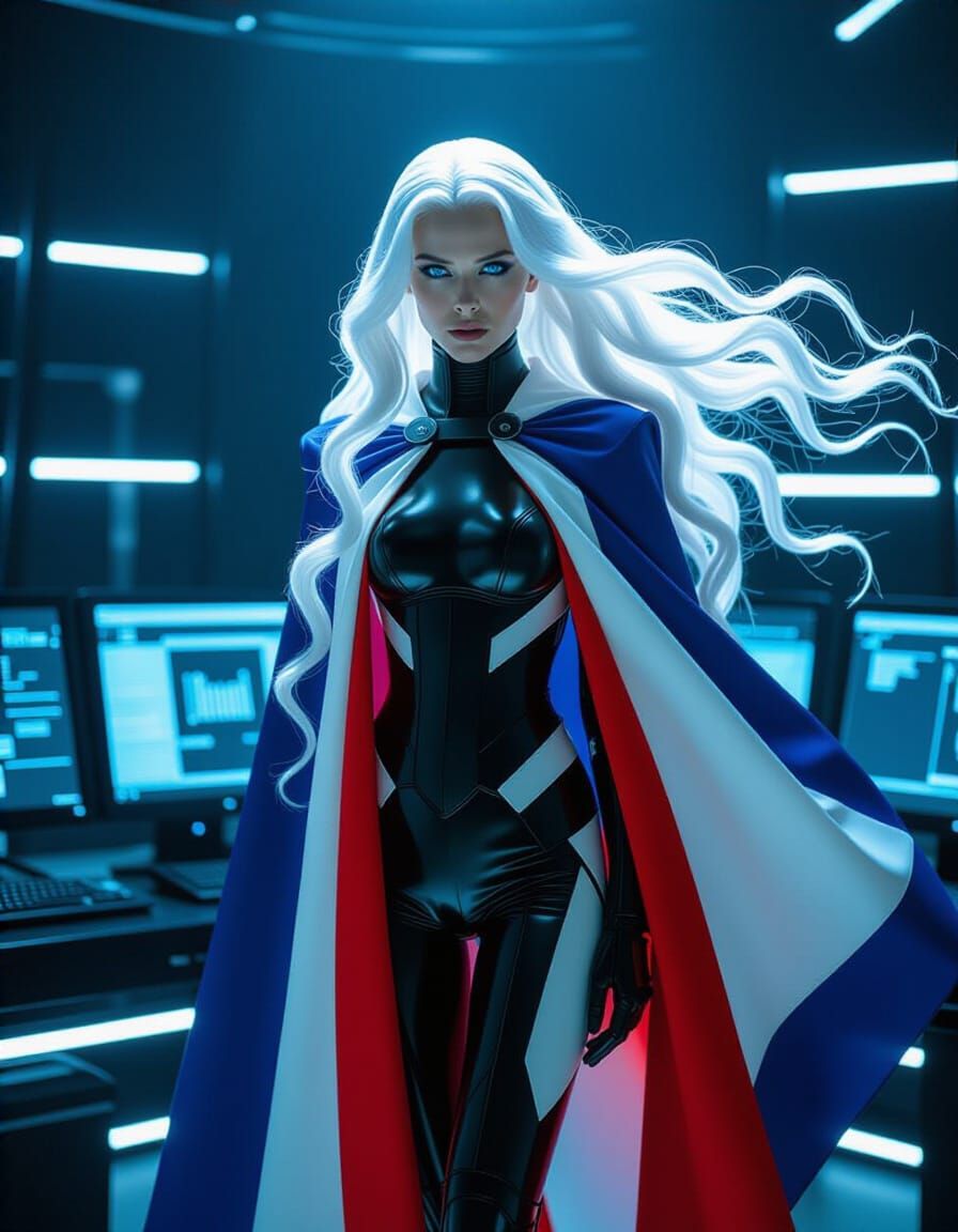 Cybernetic Woman with Flowing Cape in Futuristic Scene