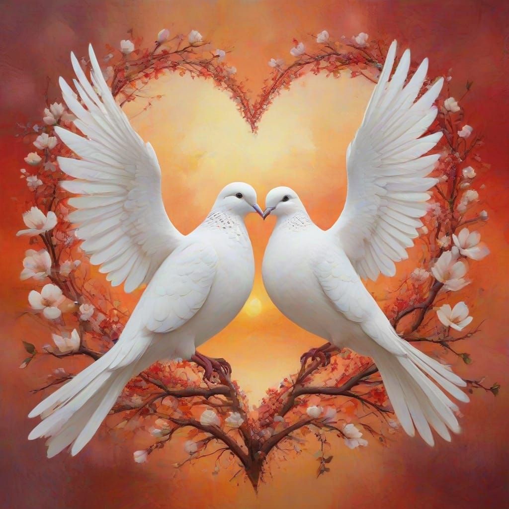 Glowing Quantum Doves Form Heart in Whimsical Cubist Landsca...