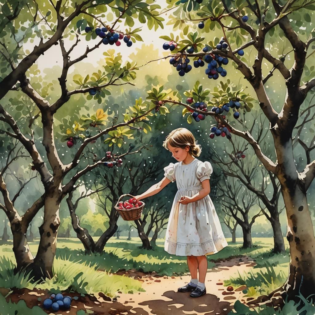 Girl Picking Plums: Pen, Ink, and Watercolor