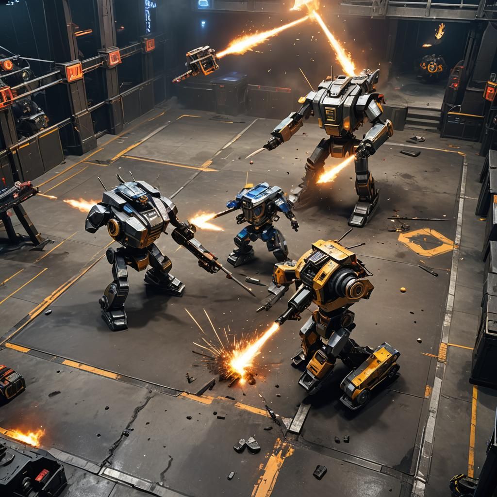 Robot Battle Bots Clash in Arena, Detailed Matte Painting