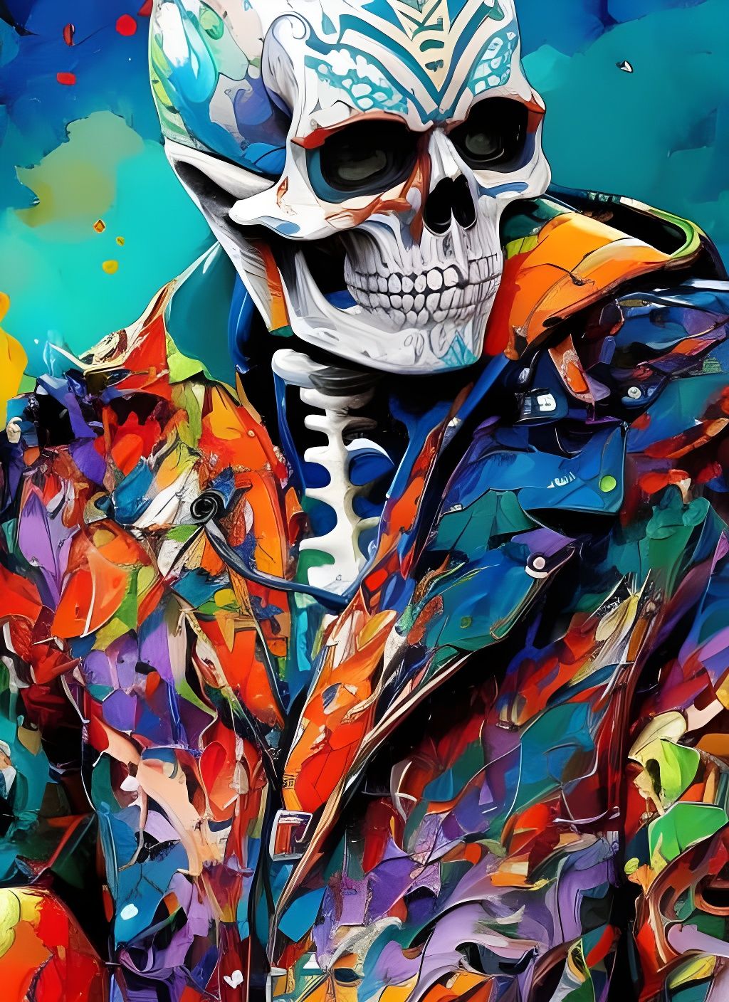 Badass Skeleton Man Portrait with Marbling and Gouache