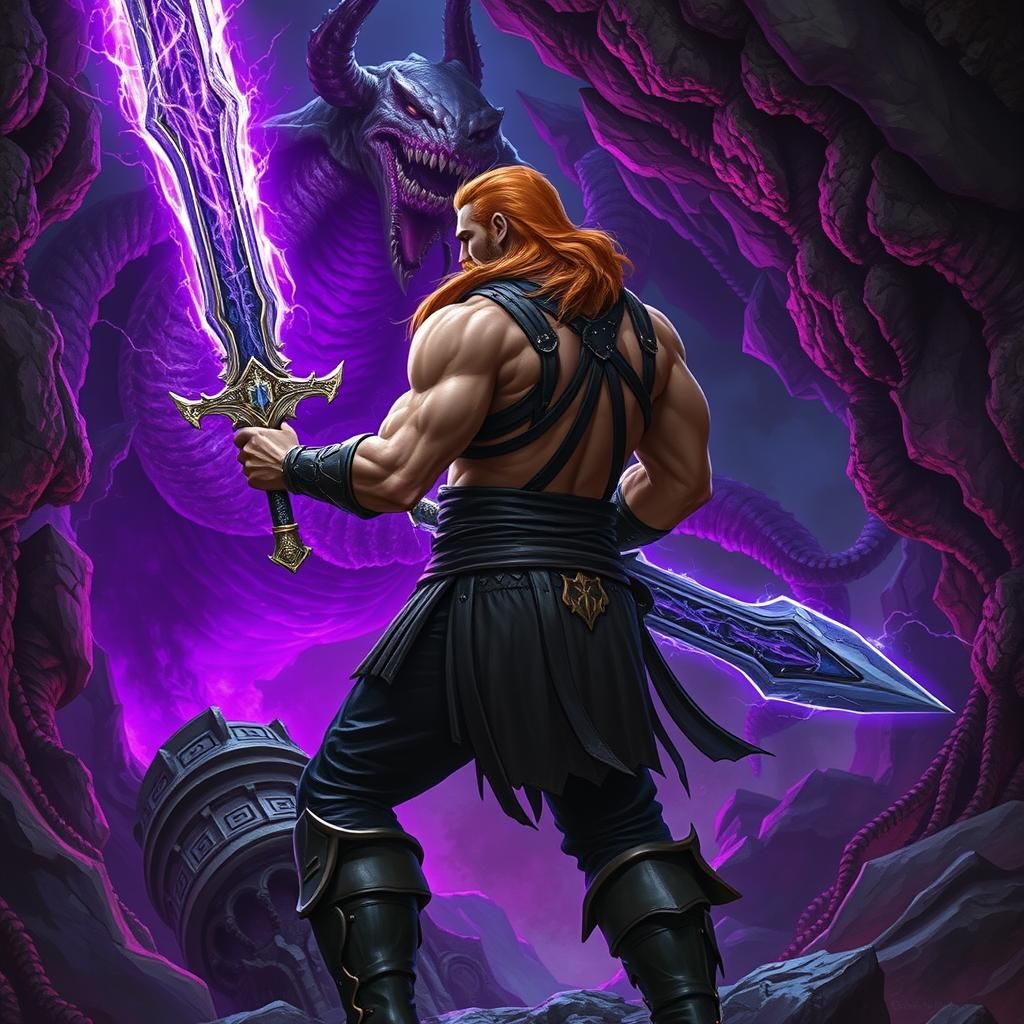 Warrior Confronts Worm Demon in Dark Cavern