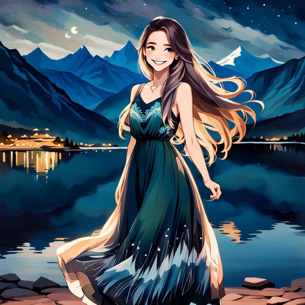 Girl by Lake at Night with Painted Mountains