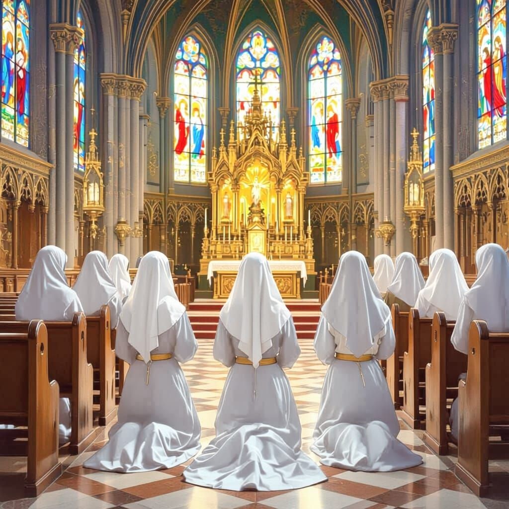Nuns Praying in a Glorious Gothic Cathedral