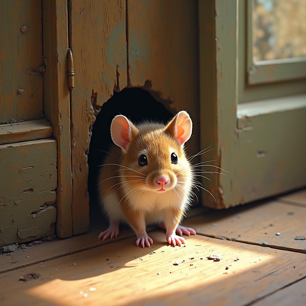 Mouse Peeking from Hole in Gouache Style