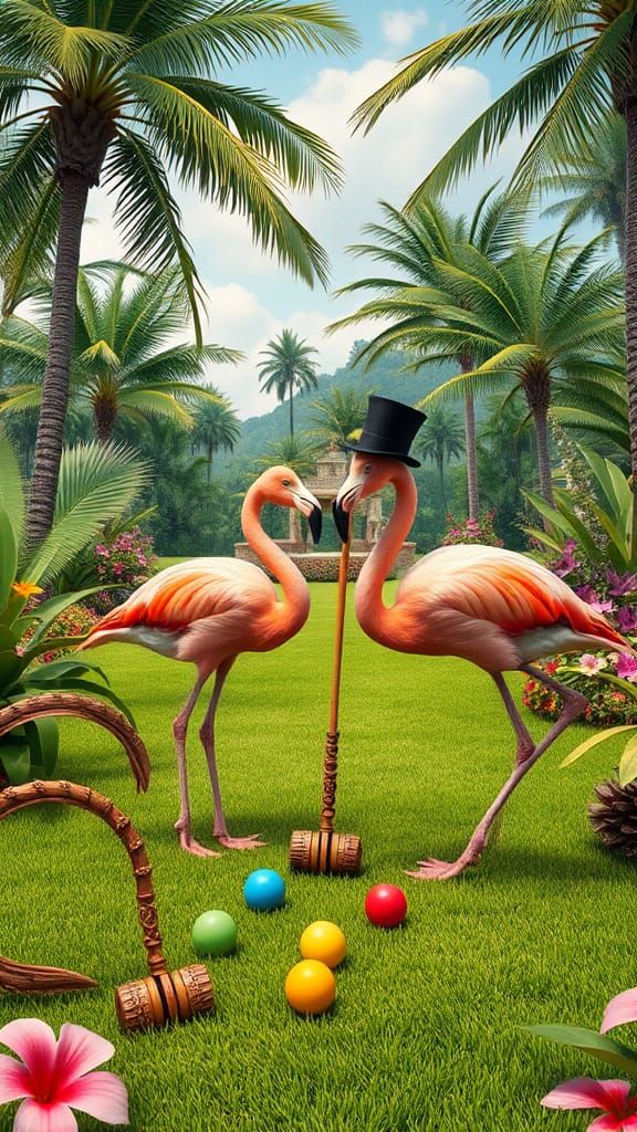 Flamingos Play Croquet in Whimsical Garden Scene