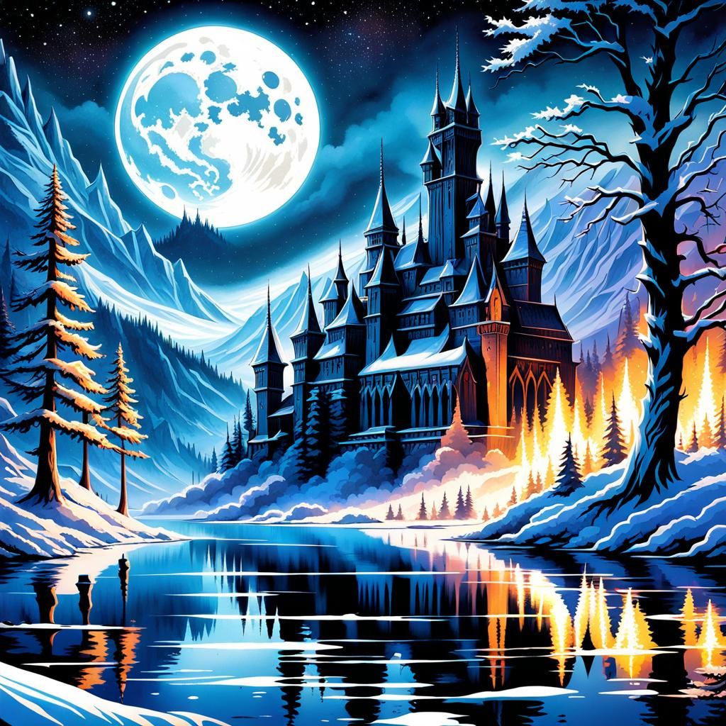 Gothic Knight on Frozen Lake in Watercolor Style