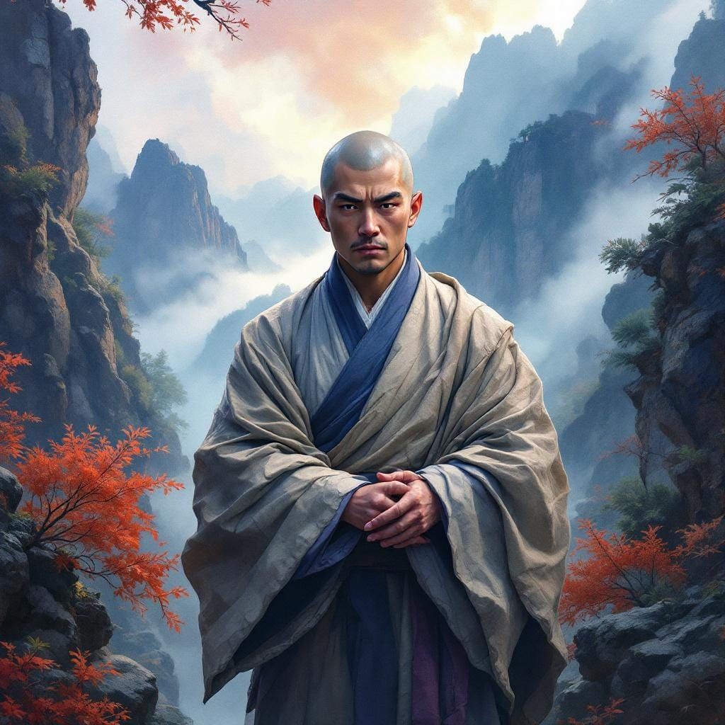 Monk Defending Monastery, Hyperrealistic Gouache and Waterco...