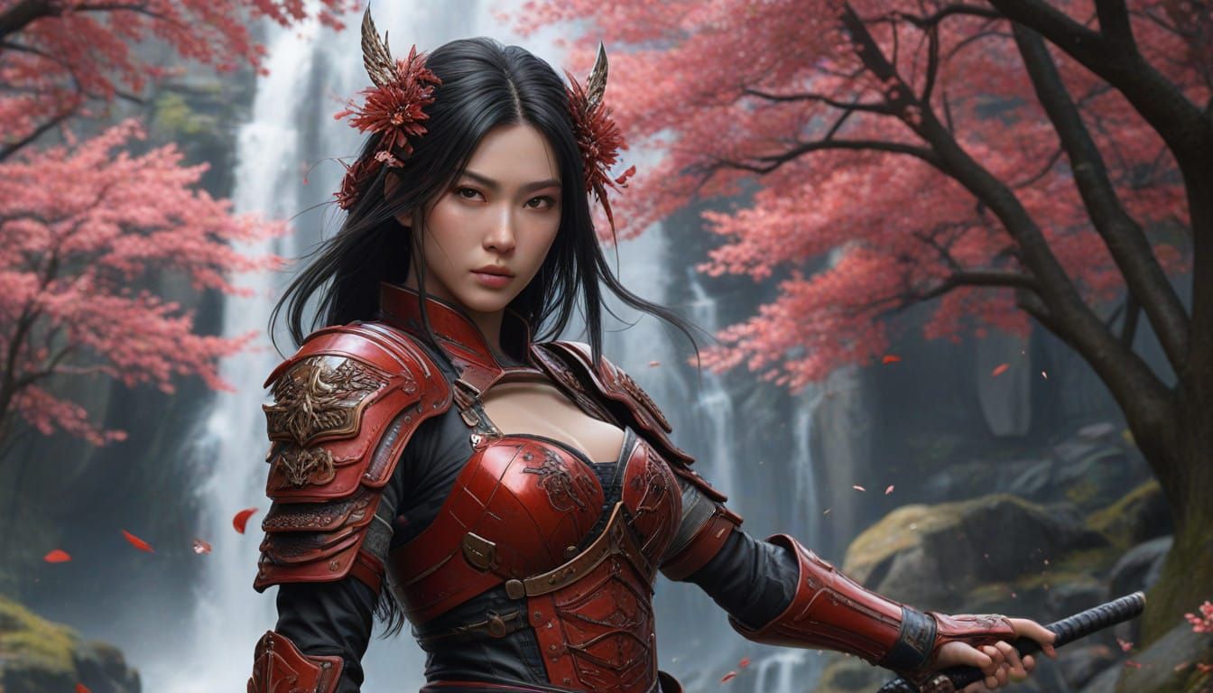 Intense Samurai Warrior Woman in Crimson Armour amidst Cherr...