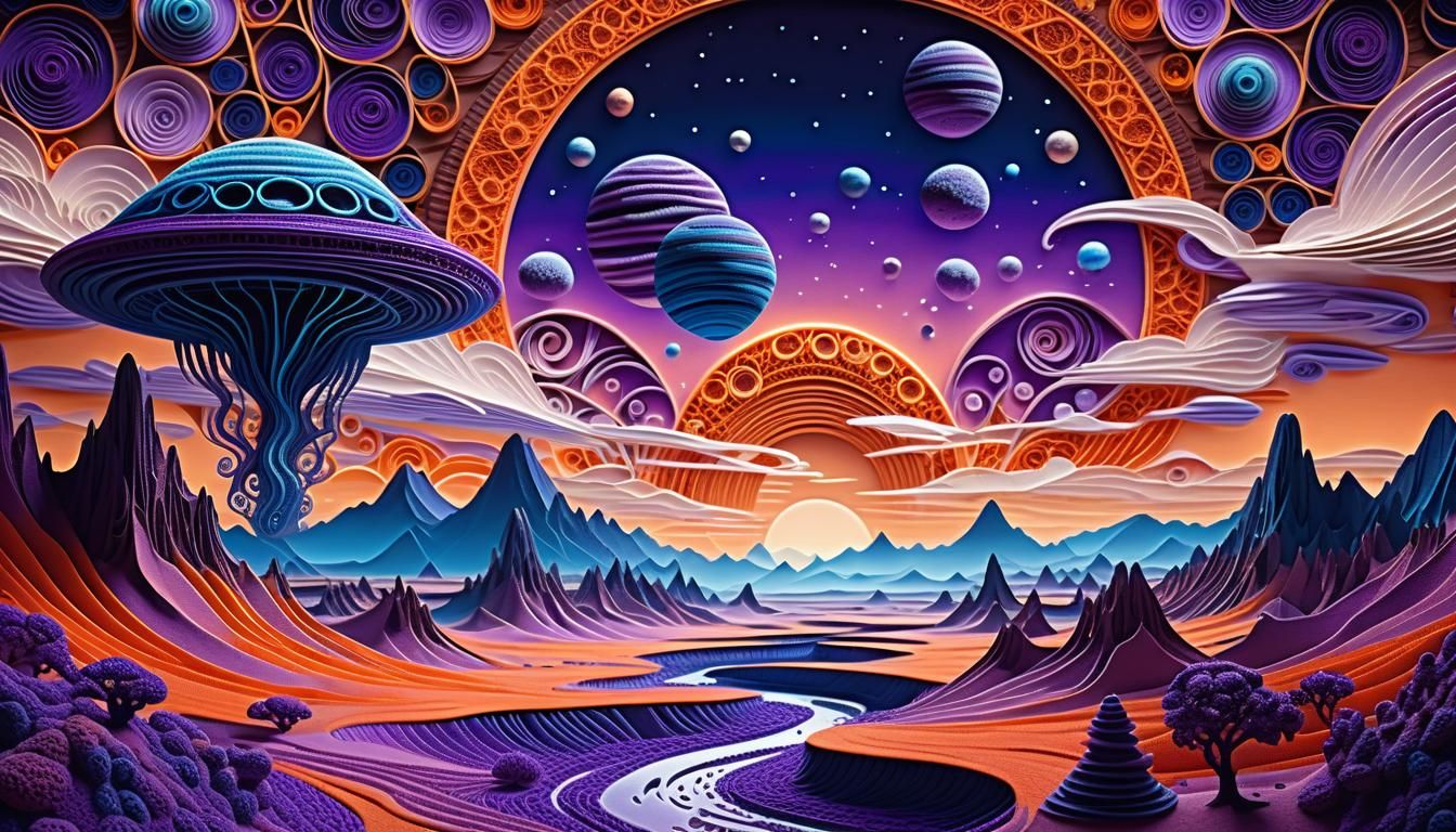 Surreal Cosmic Landscapes in Whimsical Mixed Media