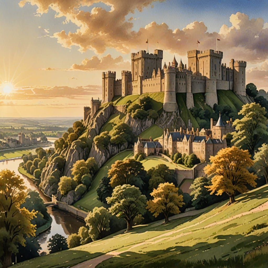 Windsor Castle Landscape in Watercolor Style