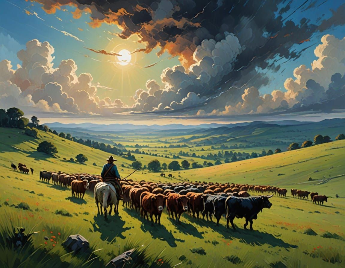 Shepherd and His Faithful Dog in a Vibrant Fantasy Landscape
