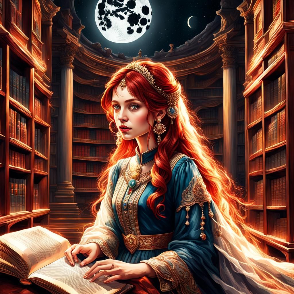 Woman Reading in Library: Fantasy Concept Art