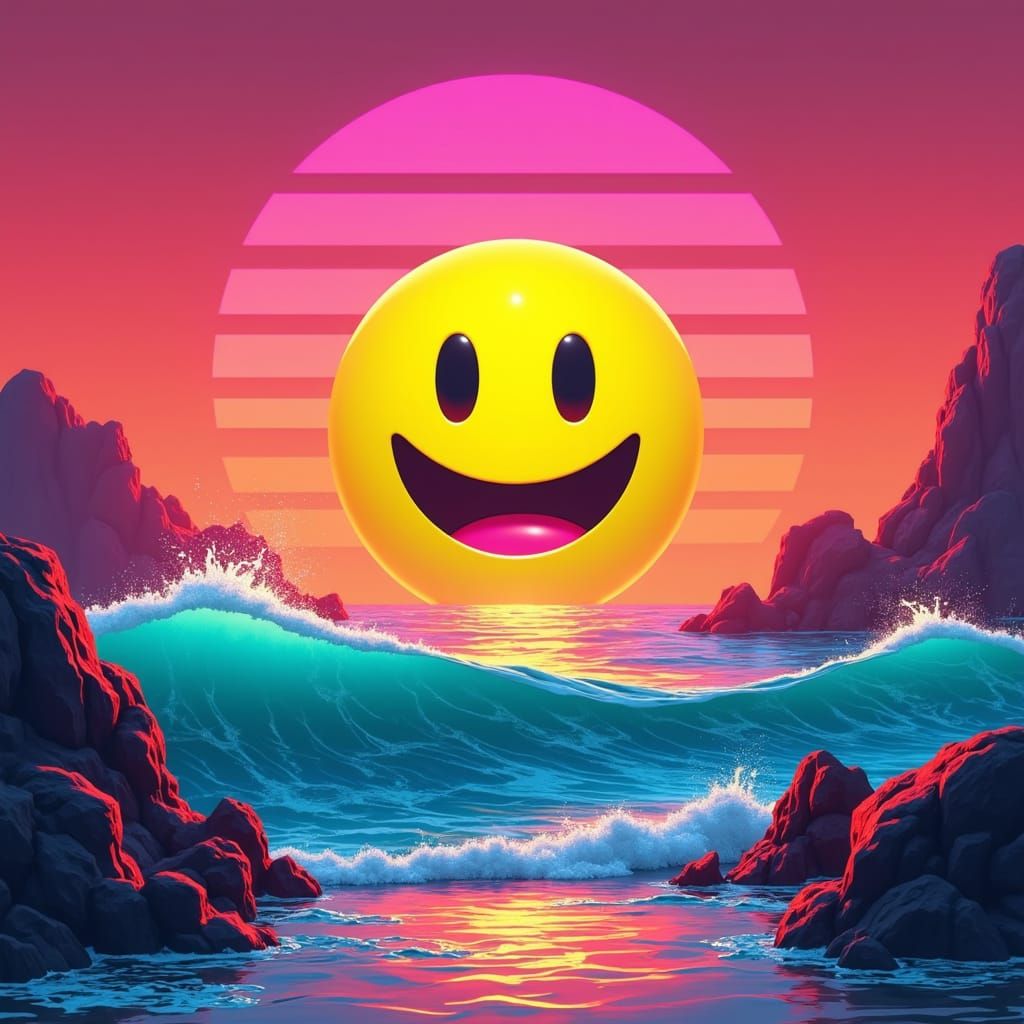 Synthwave Smiley Face Sunset in Neon Style