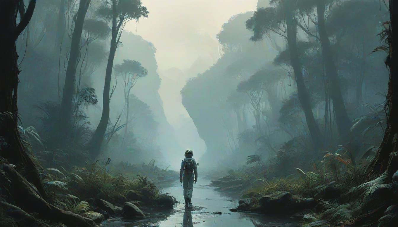 Astronaut Woman in Surreal Foggy Jungle Landscape