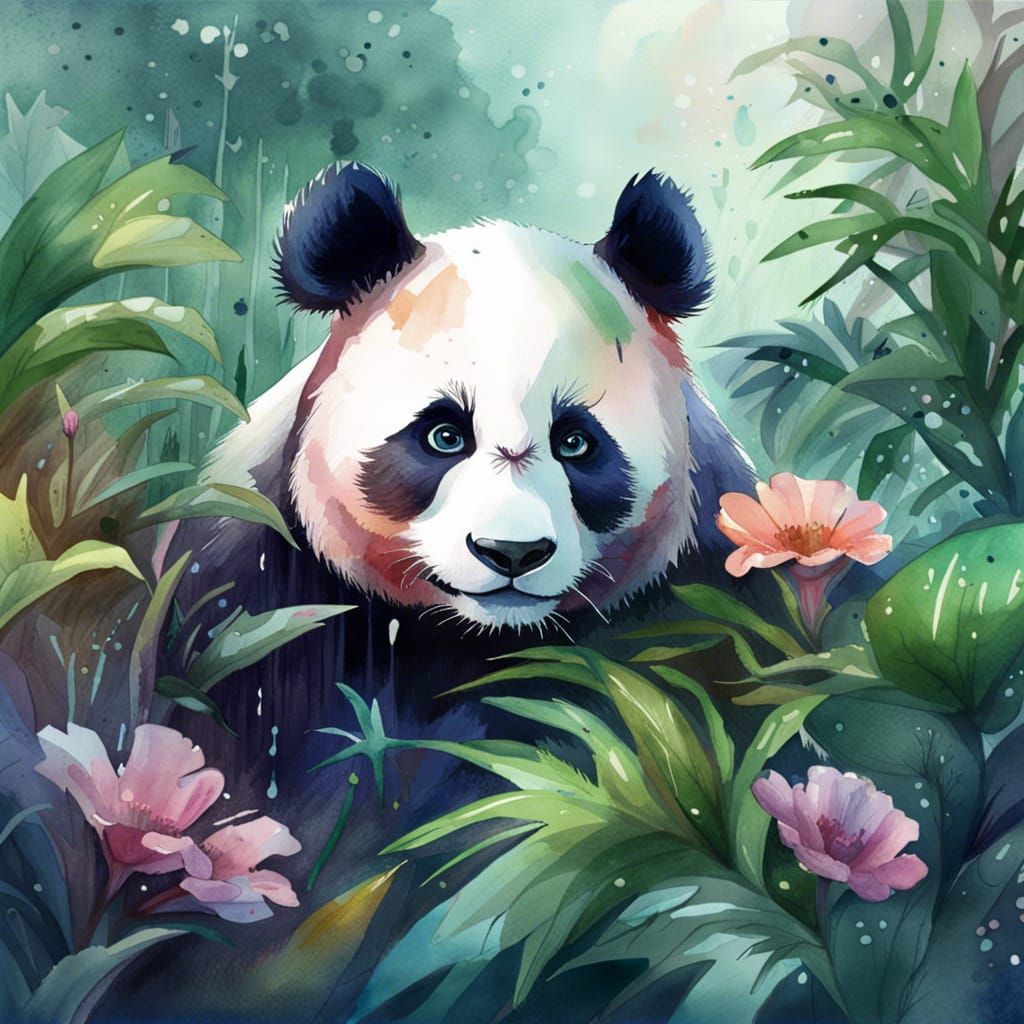 Watercolor Panda with Plants in Soft Pastel Shades