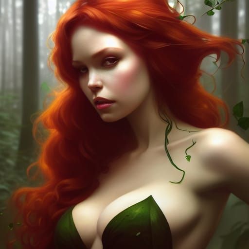 Poison Ivy Portrait in Forest, Hyperdetailed Fantasy Art