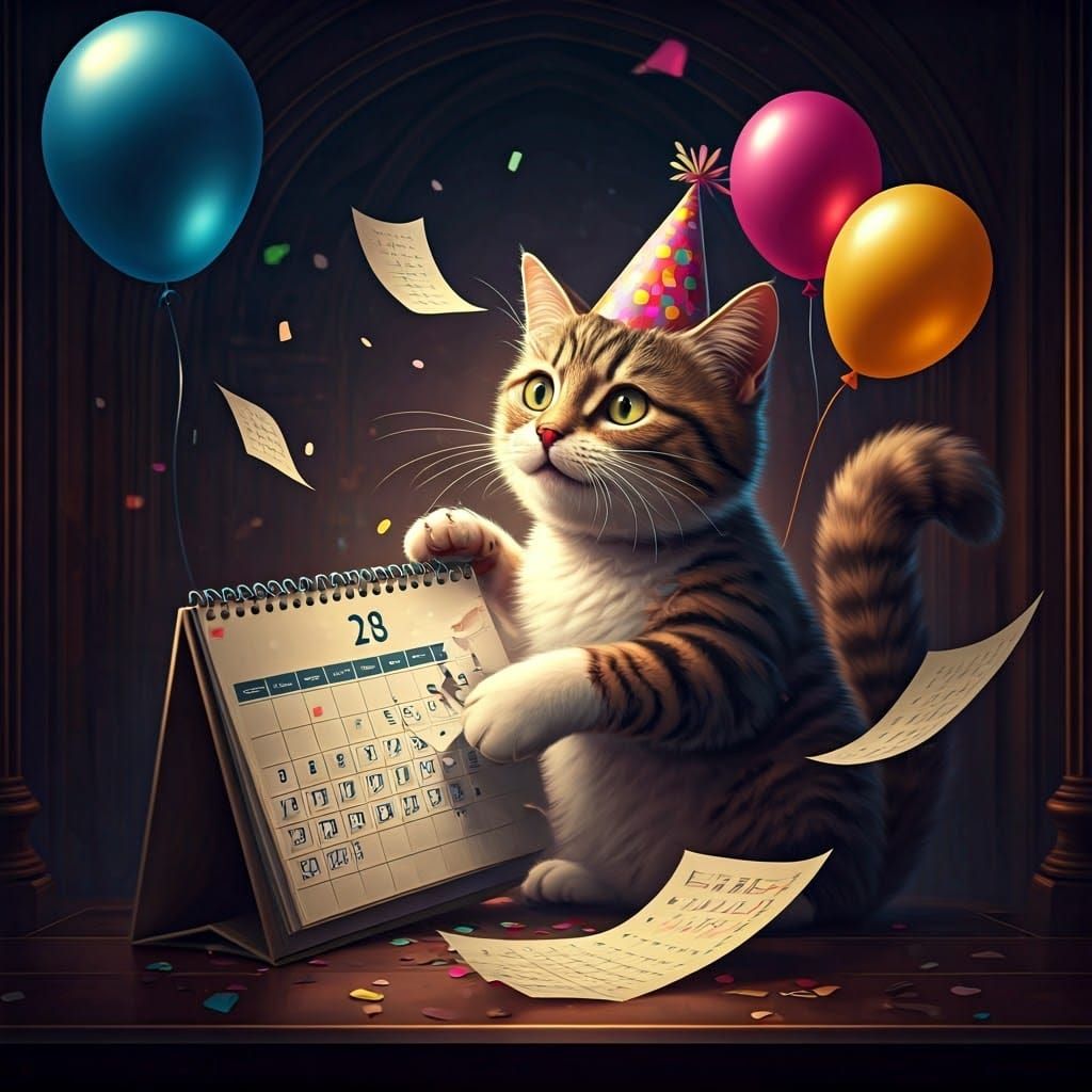 A cat in a party hat tearing up a calendar