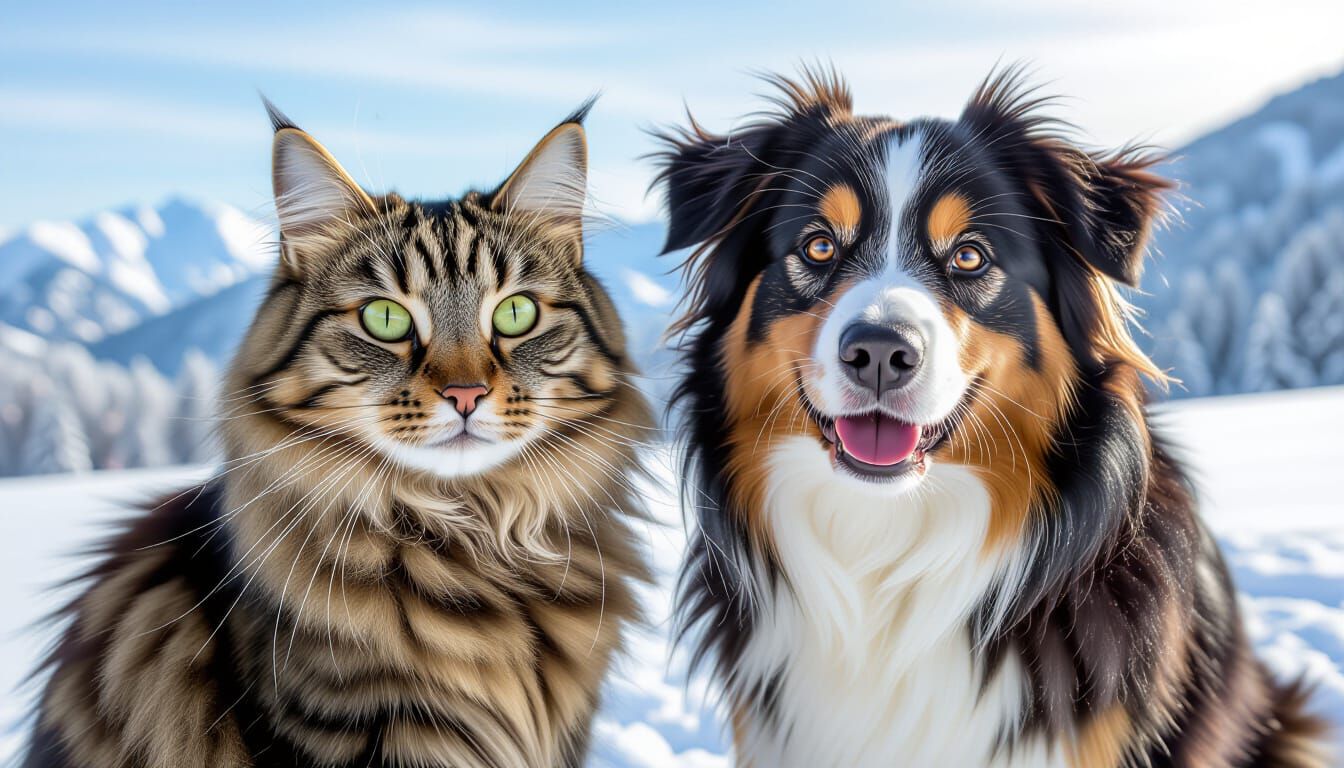 Happy Cat and Dog in Snowy Mountain Landscape