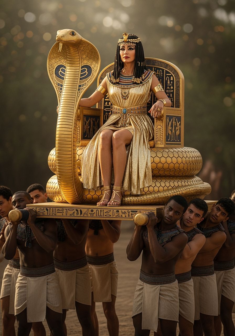 Regal Egyptian Queen on Golden Cobra Throne