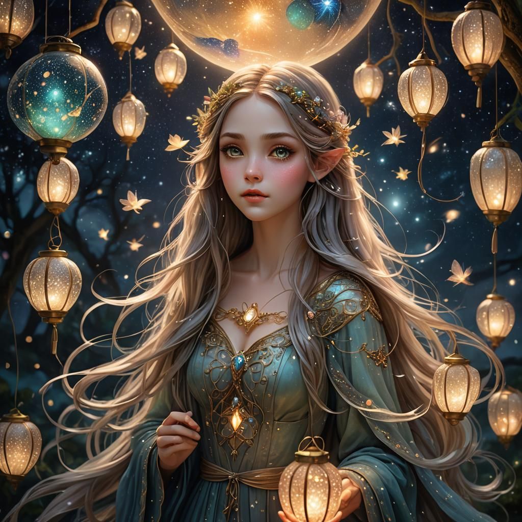 Mystical Fairy Girl with Lanterns in Cosmic Night