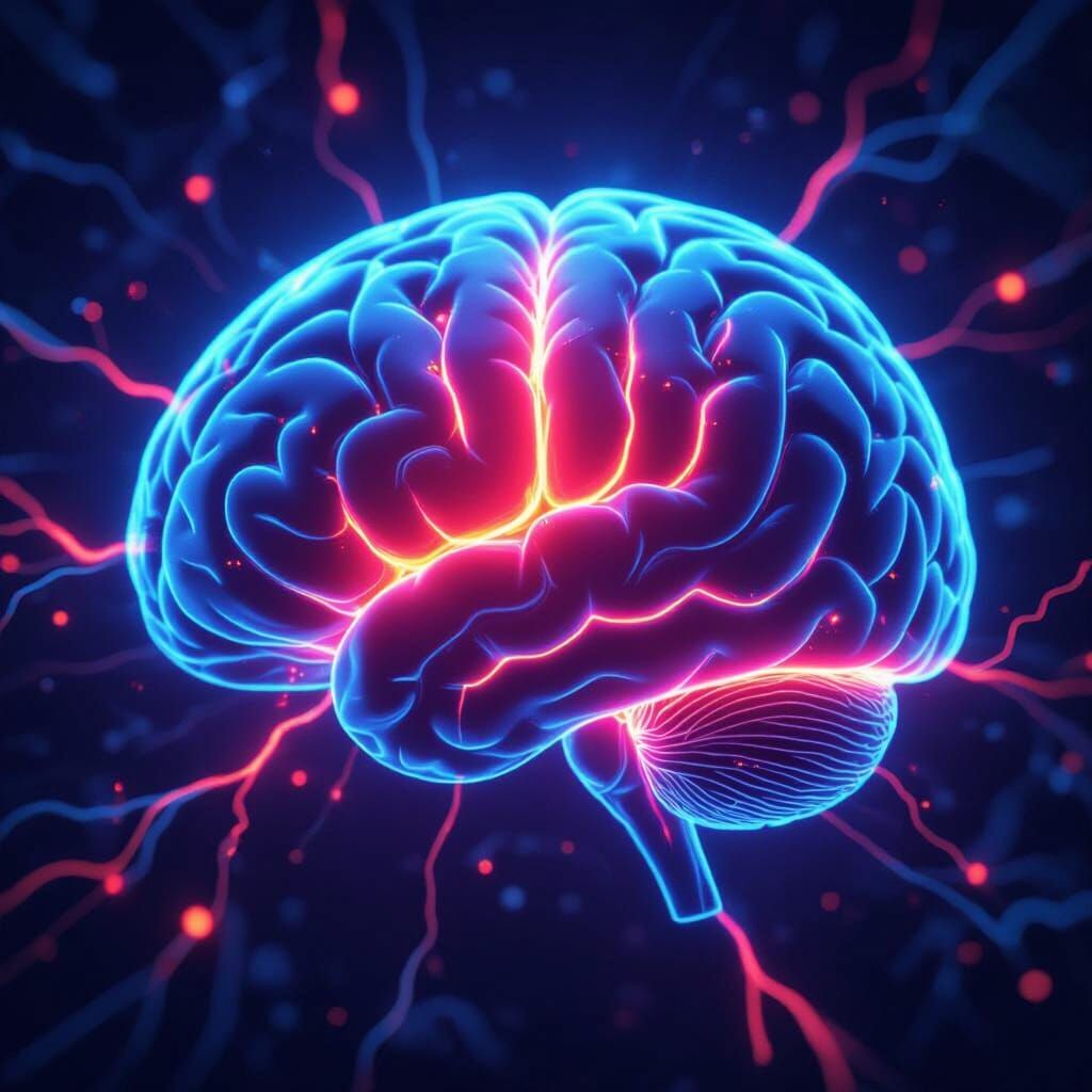Glowing Neon Brain with Illuminated Neural Pathways