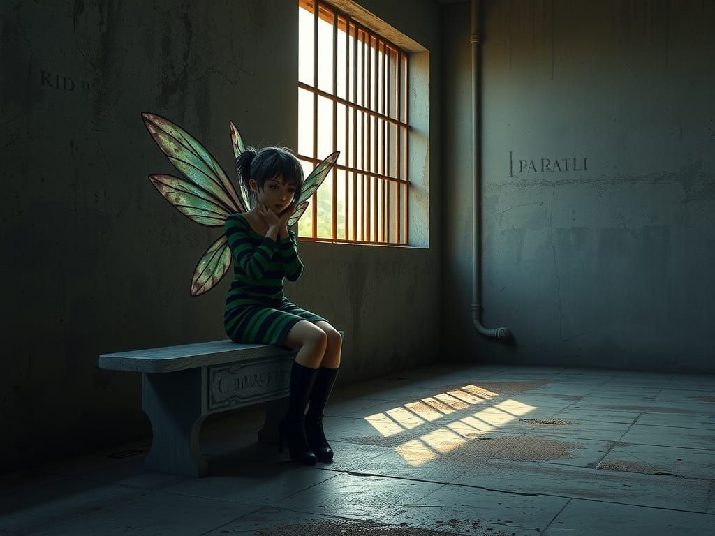 Melancholic Fairy in Prison Cell, Detailed Matte Painting