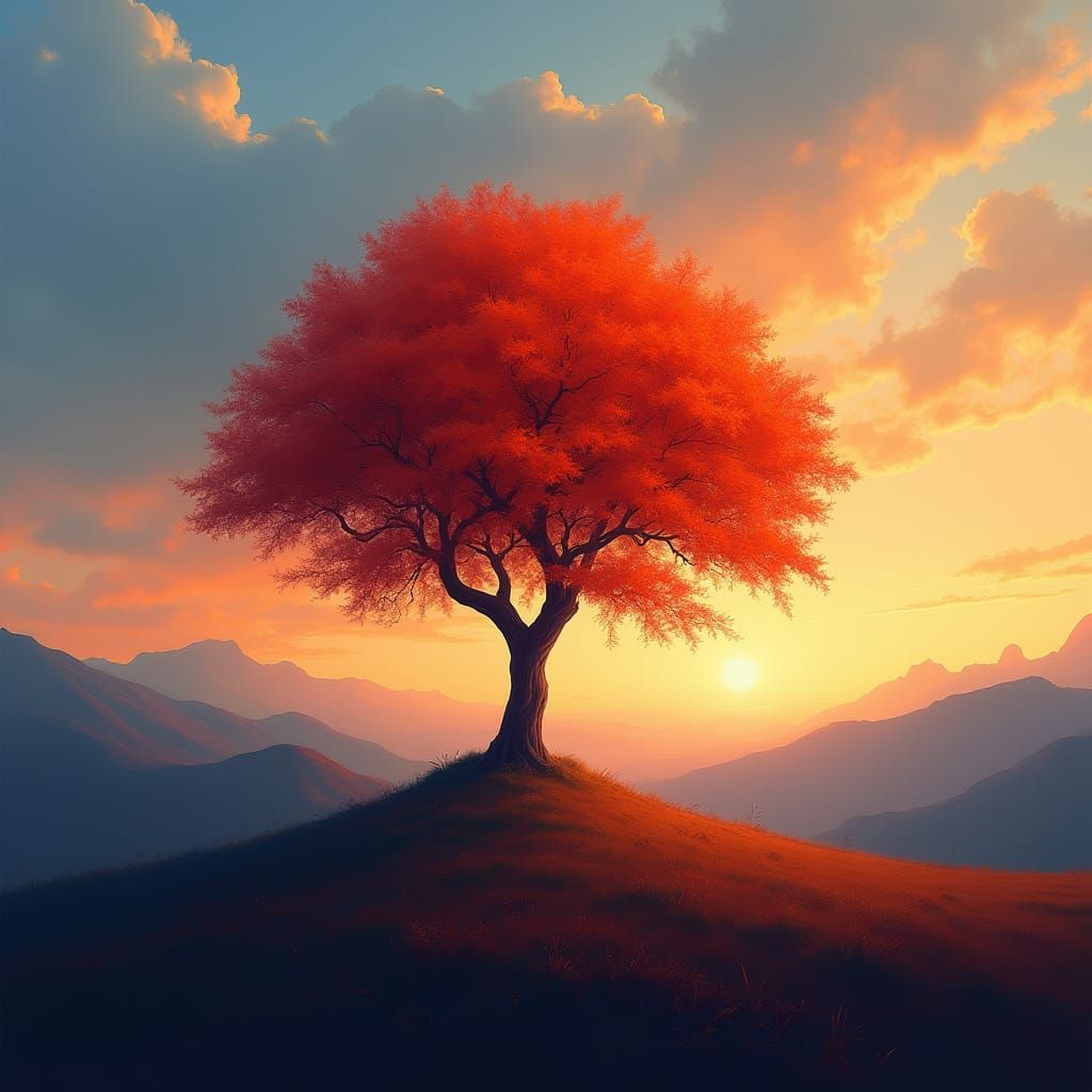 Tree in Vibrant Red Foliage Against Abstract Sunset, Dreamli...