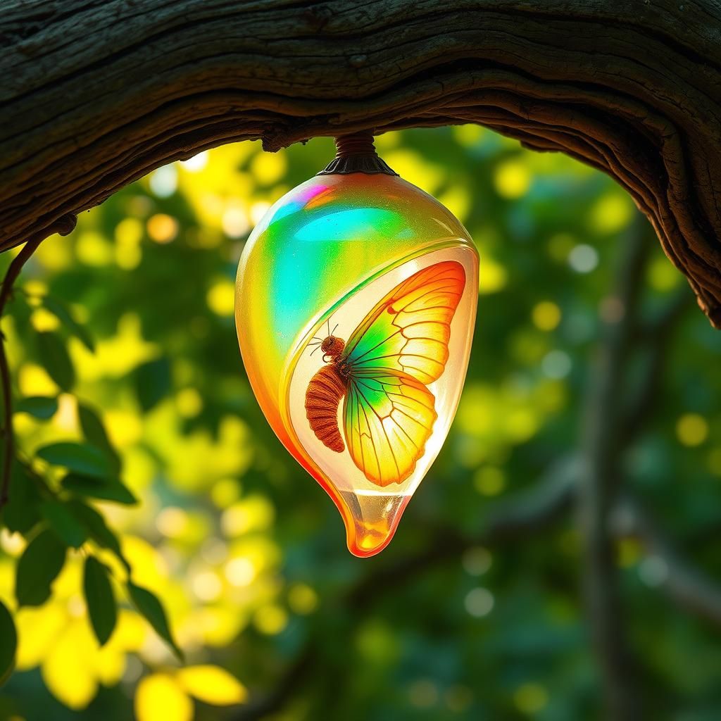 A Vibrant, iridescent cocoon is suspended from a rustic tree...